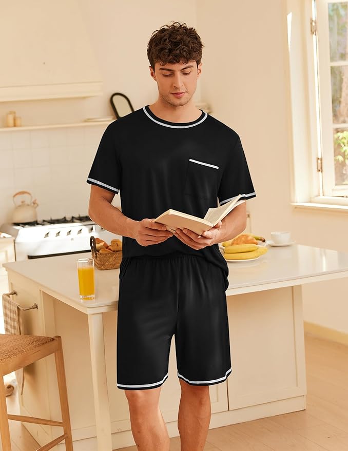 Ekouaer Men's Pajamas Set Casual Short Sleeve Shirts and Shorts Soft 2 Piece Loungewear With Pockets