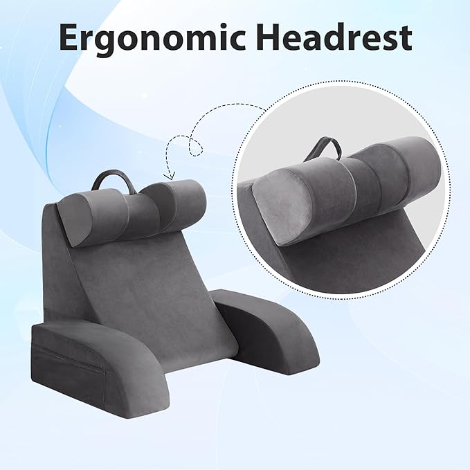 Reading Pillow for Sitting in Bed Adult, Back Pillow for Bed Sitting up, Backrest Pillow with Arms, Back Support Pillows for Gaming Lounging Watching TV, Large 21" Grey