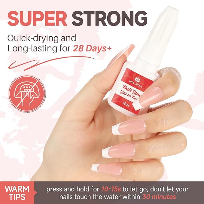 UNA GELLA Super Strong Nail Glue for Nail Tips Acrylic Nails Press On Nails Nail Bond Brush On Long Lasting Nail Glue for Broken Nails Repair Fake Nails Tips Nail Adhesive Bond 10ml/0.33oz