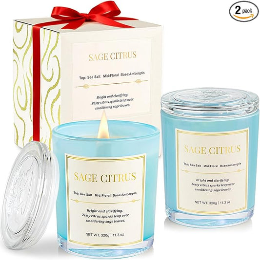 2 Pack Candles for Home Scented,Wood Wick Sage Citrus Scented Candle,22.6 oz 150 Hour Long Burning Lasting, Natural Soy Wax Candles Gifts Set,for Christmas Day