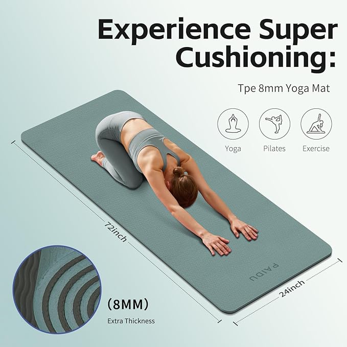 Yoga Mat 8mm Super Thick TPE Fitness Mat | SGS Certified | Non-Slip, Odorless & Tear-Resistant | Unisex with Strap | for Yoga, Pilates, Meditation & Home Workouts