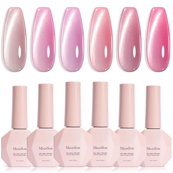 MelodySusie Pink Gem Cat Eye Gel Set Cat Eye Gel Nail Polish Set 6 Pcs, 0.26 Fl Oz Glitter Holographic Magnetic Nail Polish with Magnet, UV Nail Polish for Nail Art Manicure Salon DIY at Home