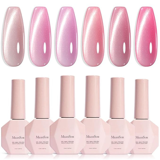 MelodySusie Pink Gem Cat Eye Gel Set Cat Eye Gel Nail Polish Set 6 Pcs, 0.26 Fl Oz Glitter Holographic Magnetic Nail Polish with Magnet, UV Nail Polish for Nail Art Manicure Salon DIY at Home