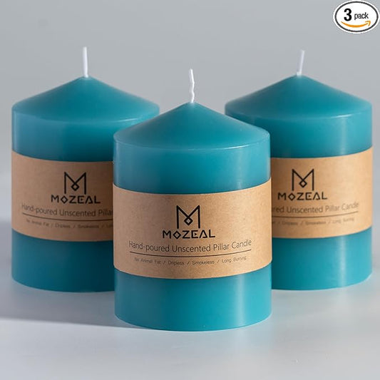 MOZEAL 3" x 4" Hand-Poured Unscented Turquoise Pillar Candles,Dripless Candles Set of 3,Smokeless,Clean Burning,Approx 60 Hours Burn Time,Wedding,Dinner and Home Decor（3 Inch Width Series） Teal