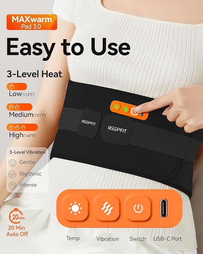 Portable Heating Pad with Massager for Back Pain Relief: MAXwarm 3.0, IKEEPFIT Electric Cordless Heat Pad for Period Cramps, Extra Large 65", 8000mAh Battery, Gift for Women Men (Black)