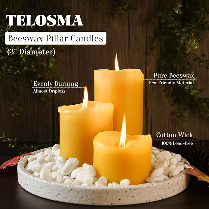 Set of 3 Natural Beeswax Pillar Candles - 3 inch Wide (3 inch 4inch 6inch Tall) - 100% Pure Bees Wax Candles, Long Burning, Unscented Smokeless & Dripless, for Emergency, Home Decor