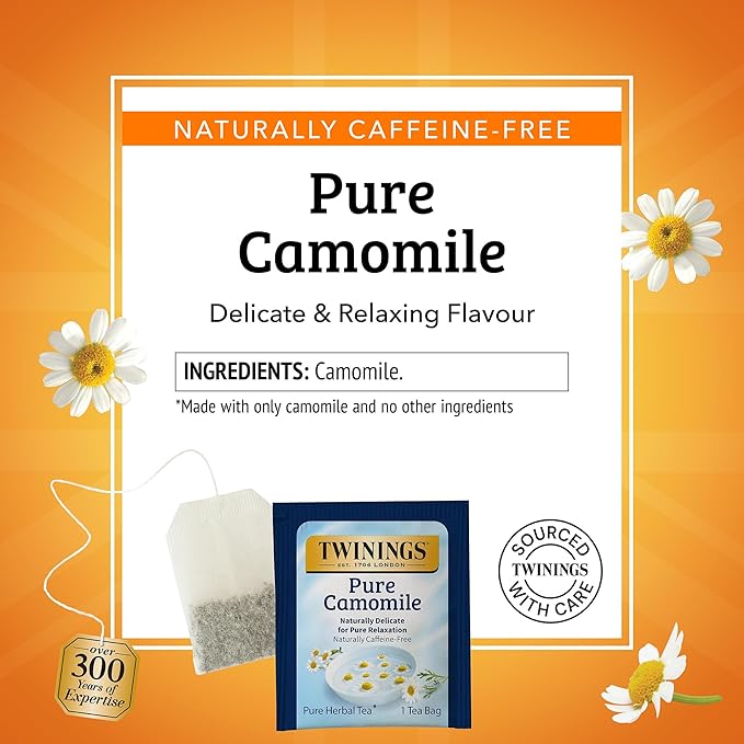 Twinings Pure Camomile Herbal Tea Individually Wrapped Bags, 100 Count (Pack of 1), Delicate for Pure Relaxation, Naturally Caffeine-Free, Enjoy Hot or Iced, 100 Teabags