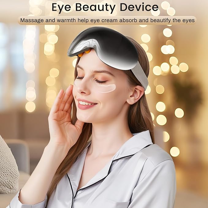 Eye Massager with Heat and Cooling for Migraines – 14 Massage Nodes for Eye Strain Relief, Rechargeable Bluetooth Music, Improve Sleep, Birthday & Holiday Gifts for Women and Men (Black)