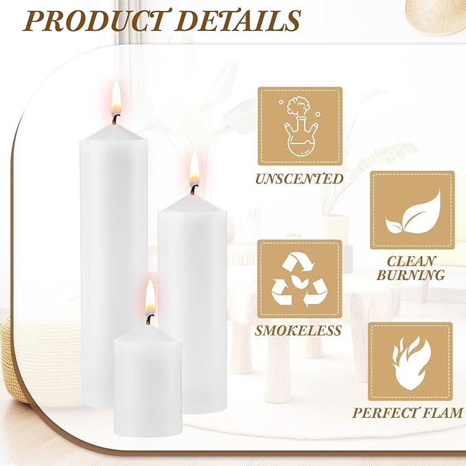 MTLEE 18 Pcs Set of 3 Pillar Candles Bulk 2 in x 3, 6, 8 Long Burning Clean Unscented Smokeless Pillar Candles for Wedding Emergency Lanterns Ceremony Party(Plain White)