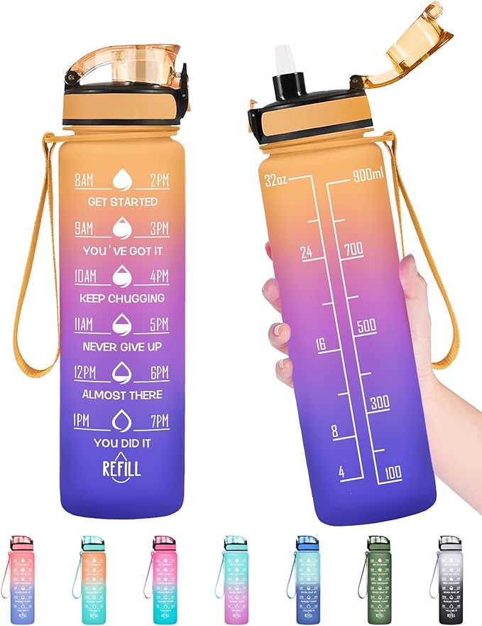 Enerbone Water Bottle, Leakproof BPA & Toxic Free, Motivational Water Bottle with Times to Drink and Straw, Fitness Sports Water Bottle with Strap for Office, Gym, Outdoor Sports