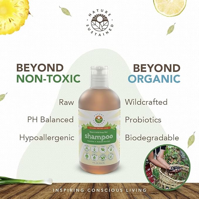 Nature Sustained Natural Shampoo - Organic, Raw & Wildcrafted with Probiotics, Hypoallergenic Natural & Sulfate Free Shampoo for Sensitive Scalp, Dry Hair, Dandruff, Eczema & Psoriasis, 9oz, Original