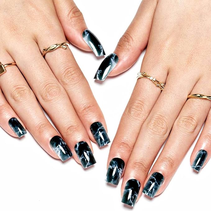 GLAMERMAID Ombre Press on Nails Medium Square, White Marbling in Black Jelly Gel Nails Square Fake Nails, Glossy Stick Glue on Nails Kit for Women, Reusable Stick on Acrylic Fake Nails Manicure Set