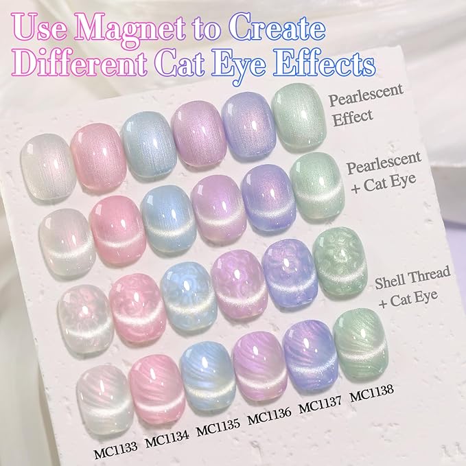 Double Rhythm Cat Eye Gel Polish Set 6 Colors Shimmer Glitter with Magnet Holographic Reflective Magnetic UV Nail Art Kit (Pearl Pink Blue Green Purple 6-Kit 44)