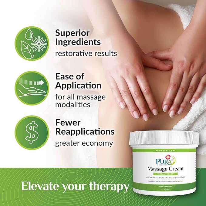 Wellness Professional Herbal Massage Cream, 4oz, Pura Massage Cream for Muscle Relief, Professional Deep Tissue Therapy, Wellness Herbal Massage
