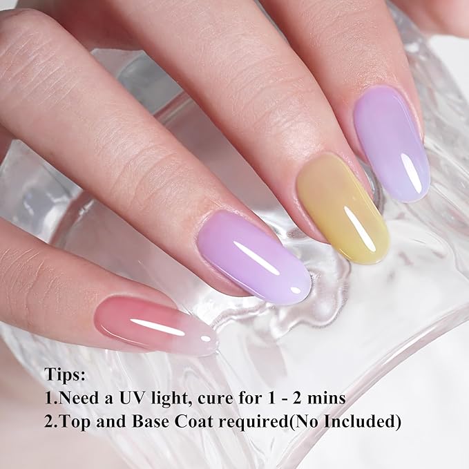 10ml Hema-Free Jelly Gel Nail Polish Set -6 Colors Lavender Pastel Yellow Light Green Pink and Blue Salon Home DIY Gift for Women