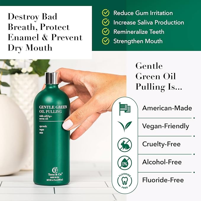 Terra & Co. Gentle Green Oil Pulling for Teeth and Gums - Vegan Natural Mouthwash No Alcohol or Fluoride to Improve Oral Health - Made with Cold Pressed Plant Oils and Nano Hydroxyapatite | 6.75 oz