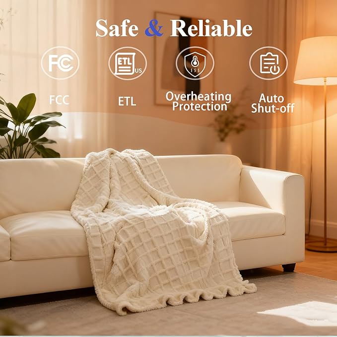 Heated Blanket Electric Throw, 50"X60" Heating Blanket with 12 Heat Levels, Fast Heating Blanket with 1-12 Timer Settings, Overheat Protection with ETL & FCC for Bed Home Office Sofa (Milky White)