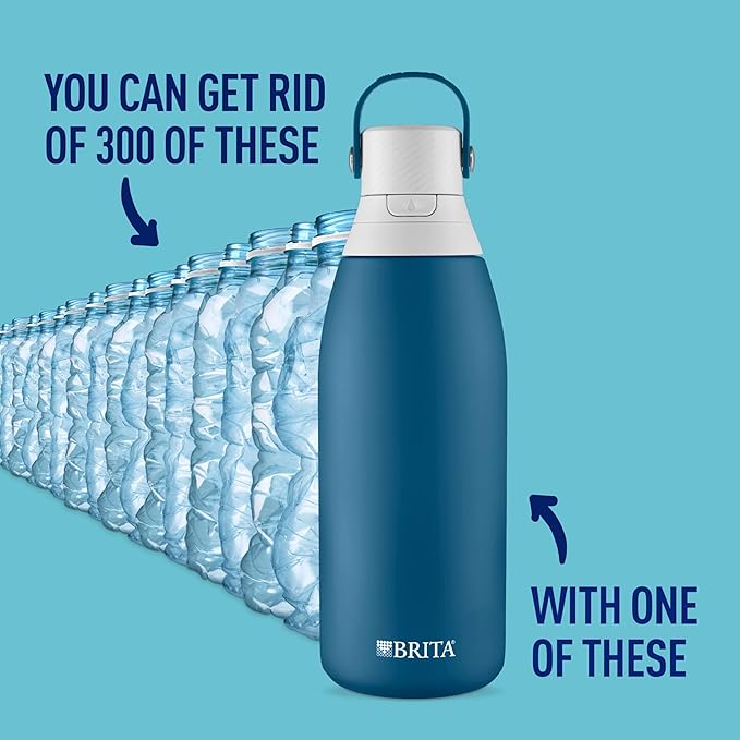 Brita Stainless Steel Premium Filtering Water Bottle, BPA-Free, Reusable, Insulated, Replaces 300 Plastic Water Bottles, Filter Lasts 2 Months or 40 Gallons, Includes 1 Filter, Marina - 32 oz.