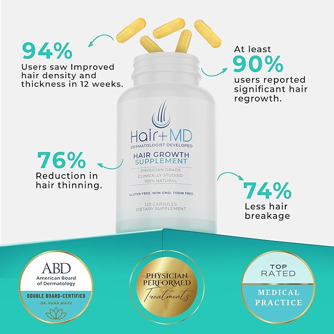 Hair Plus MD Hair Growth Supplement, 120 Capsules – Supports Hair Growth & Density – Dermatologist-Developed with Collagen & Vitamins – Gluten-Free, Toxin-Free, Non-GMO – 1 Month Supply