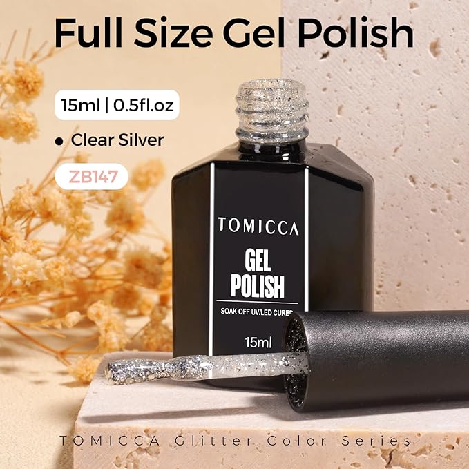 TOMICCA Clear Glitter Gel Nail Polish, Sparkle Sheer Silver Nail Gel Polish, Soak Off UV Transparent Shimmer Clear Nail Polish Natural Color Nail Art DIY Manicure Salon