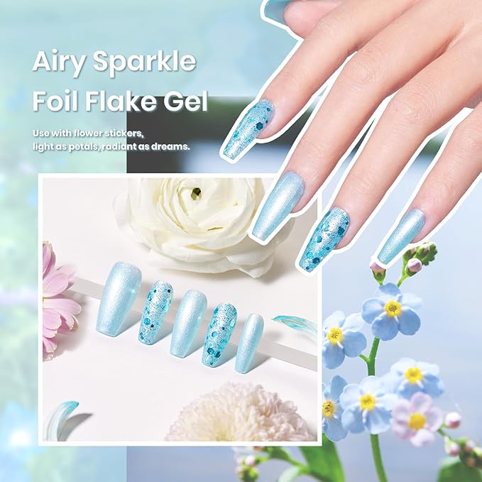 Beetles Blue Gel Nail Polish Set, 6 Colors Shimmer Glitter Jelly Gel Polish Chameleon Pearl White Swirl Shell Thread Effect Winter Nails Ice Blue Collection Soak Off UV Gift for Women