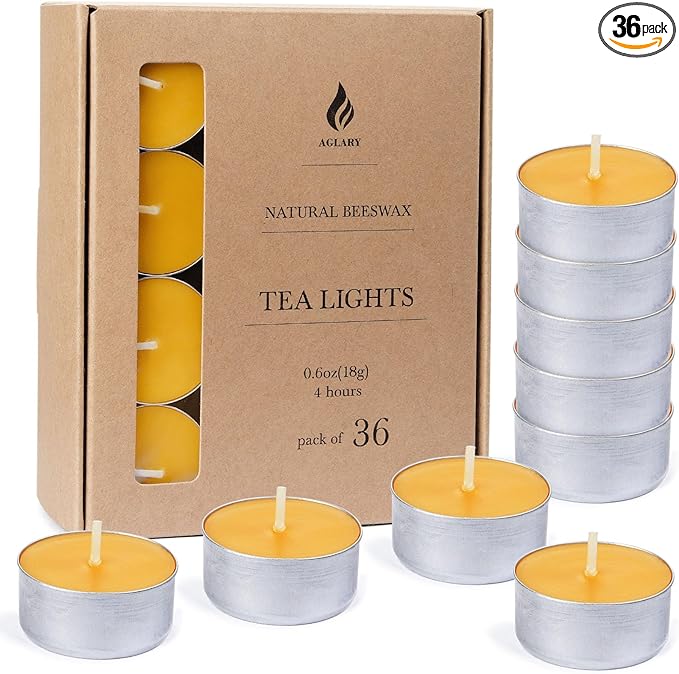 36-Pack Pure Beeswax Tealight Candles in Aluminum Cups - 4-5 Hour Burn Time, Lead-Free Cotton Wick, Natural Unscented Candles
