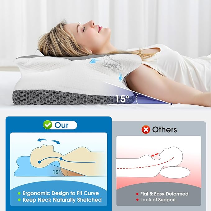 CloudBliss Cervical Memory Foam Pillow for Neck and Shoulder, Contour Neck Support Pillow with Cooling Case, Ergonomic Bed Pillow, Support for Side Back Stomach Sleepers (Grey, King Size)