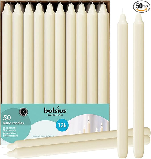 BOLSIUS Ivory Candlesticks Bulk Pack 50 Count - Unscented Dripless 11.5 Inch Household & Dinner Candle Set - 12+ Hours - Premium European Quality - Consistent Smokeless Flame - 100% Cotton Wick