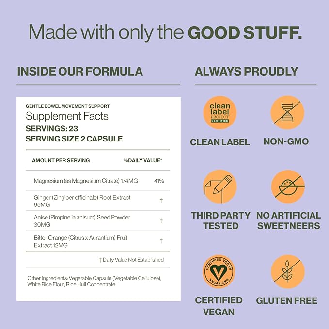 Hilma Gentle Bowel, Occasional Constipation Relief with Magnesium Citrate, Natural and Gentle Laxatives for Constipation w/Magnesium Citrate, Ginger, Anise and Bitter Orange, 46 Vegan Capsules