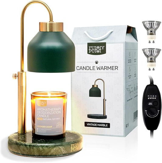 Candle Warmer Lamp with 2 Bulbs, Timer & Dimmer, Height Adjustable Electric Wax Warmer Lamp, Compatible for Jar Candle, Metal Top, Marble Base