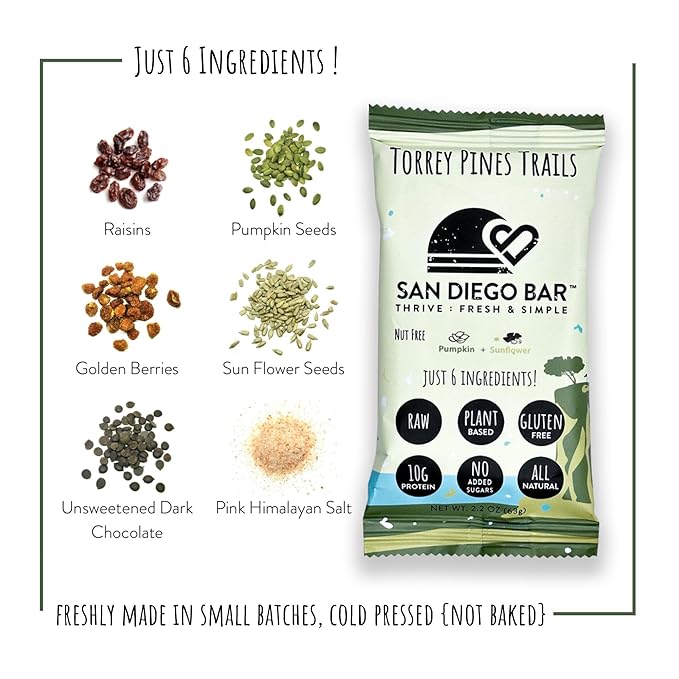 San Diego Bar-Torrey Pines Trails | Pumpkin + Sun Flower | RAW & Vegan Protein Bars | Sugar & Gluten Free | Breakfast Bars | Energy Bars | Snack Bars | 6 Whole Food Ingredients | Plant-Based Protein