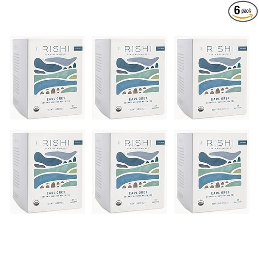 Rishi Tea Earl Grey Tea - Organic Sachet Tea Bags, Pure Black Tea with Bergamot Oil, Energizing & Caffeinated - 15 Count (Pack of 6)