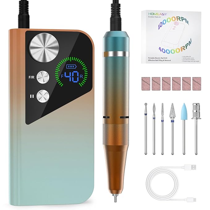 Nail Drill 40000RPM - Rechargeable Nail File with Bits, Professional E-Filer for Acrylic Nails, Gel Polishing, Manicure & Pedicure E File with Large HD LCD Screen - M96 Orange