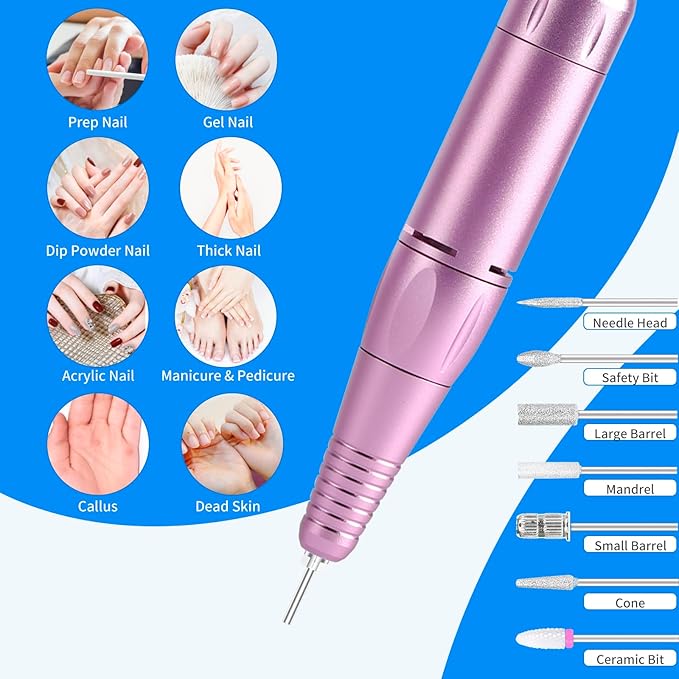 Portable Nail Drill Professional 35000 RPM, MOCOWIND Rechargeable Electric Nail File Machine for Acrylic Gel Polishing Removing, Cordless E-File with Bits Kit for Manicure Salon Home, Blue & Purple