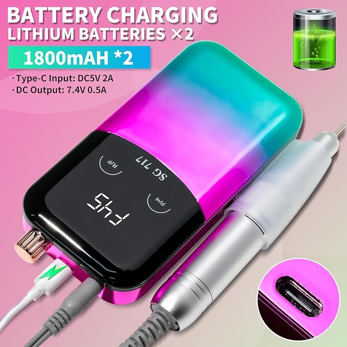 LIMEGIRL Professional Electric Nail File Drill Bits Kit 45000RPM for Acrylic Toenail Machine Clippers with 14 Drill Bit Gradient Green Portable Rechargeable Cordless