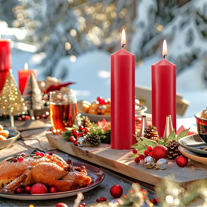 MTLEE 18 Pcs Set of 3 Pillar Candles Bulk 2 in x 3, 6, 8 Long Burning Clean Unscented Smokeless Pillar Candles for Wedding Emergency Lanterns Ceremony Party(Red)