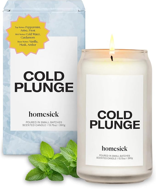 Homesick Scented Candles for Home (Cold Plunge) - 7.5 oz Long-Lasting Natural Soy Wax Blend Jar Candle Gift for Women & Men, 30-35 Hours Burn Time - Notes of Peppermint, Cold Water & Vanilla