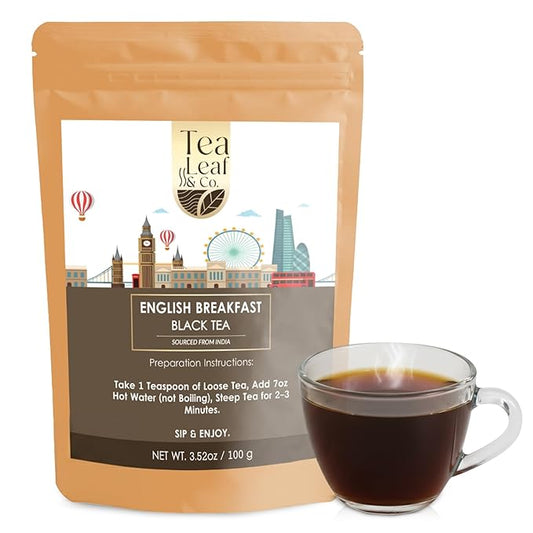 Tealeaf & Co. English Breakfast Black Tea - English Breakfast Tea in Loose Leaf Form - Contains Low Caffeine - Upto 50 Servings - Gluten Free (3.52oz/100gm)