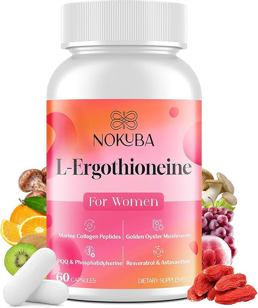 L-Ergothioneine with Mushroom Supplement for Women | Skin Care, Brain, Immune, Cognitive Support, Oyster Mushrooms, Collagen Peptides, PQQ, Resveratrol | 60 Capsules