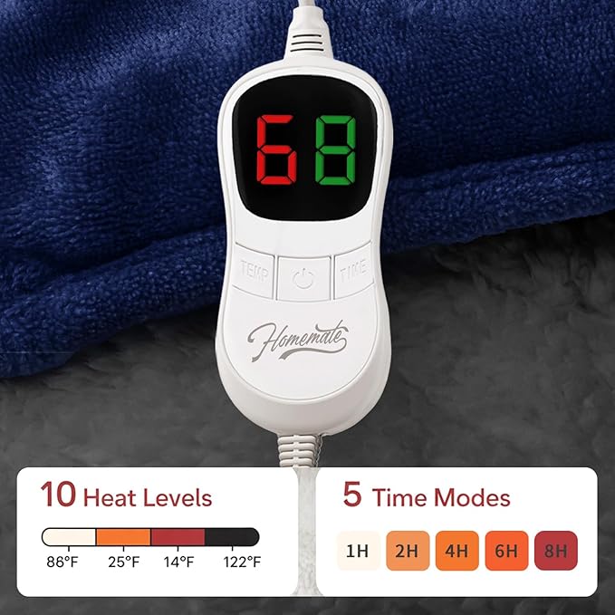 Homemate Heated Weighted Blanket for Adults - 50"x60" 12lbs Electric Throw Fast Heating Heavy Blanket 1/2/4/6/8 Hour Auto Off 10 Heat Levels Over-Heat Protection Comfortable Flannel Sherpa