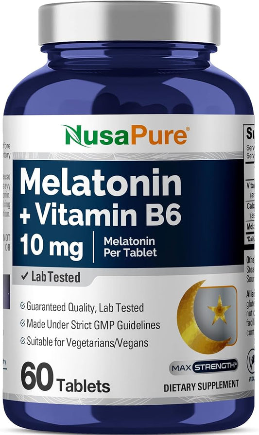 NusaPure Melatonin + Vitamin B6 10 mg Per 60 Tablets Vegetarians Vegans Non-GMO Dietary Supplement
