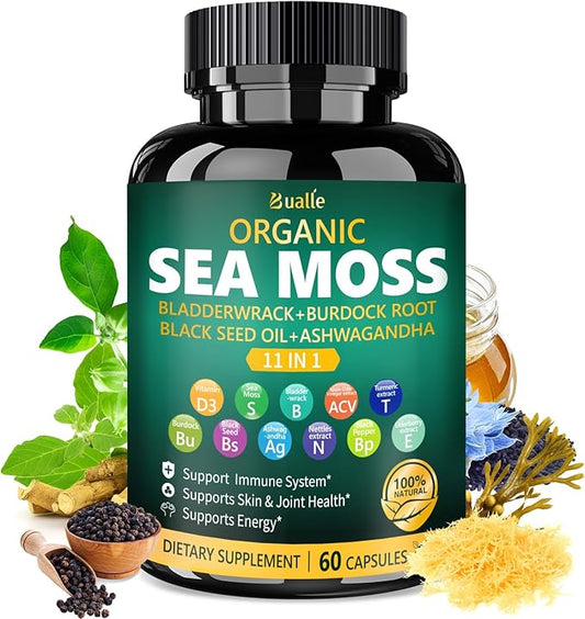 Organic Sea Moss Capsules with Black Seed Oil, Ashwagandha, Bladderwrack, Ginger & Burdock Root – Herbal Complex for Daily Wellness – 60 Capsules (1 Pack)