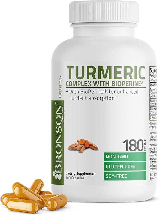 Bronson Turmeric Curcumin with BioPerine - High Potency Premium Joint Support with 95% Standardized Curcuminoids - Non-GMO Capsules with Black Pepper - 180 Count
