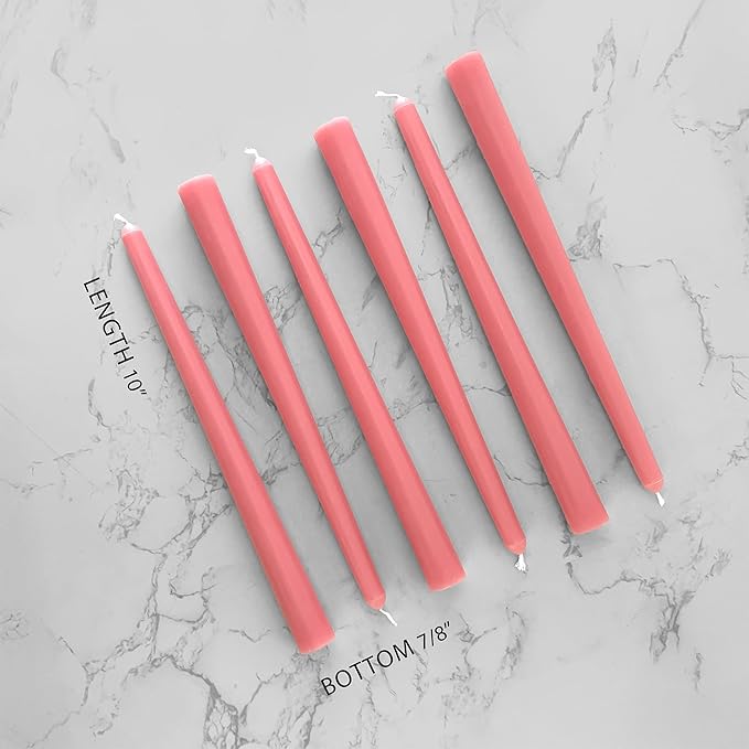 6 PK 10" Classic Taper Candles, Old Rose Pink, 7-8 Hours Long Burning, Unscented Tall Candlesticks