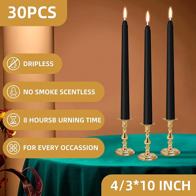 30 Pack Black Taper Candles - Taper Candles 10 Inch Dripless, Smokeless & Unscented - 8 Hours Long Burning - Ideal for Weddings, Dinner Parties, and Home Decor