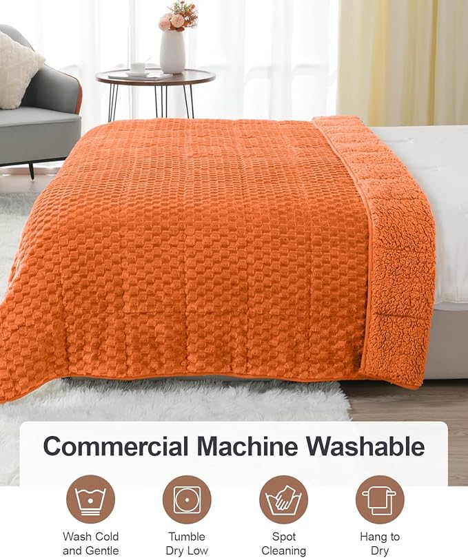 Super Fuzzy Soft Luxury Fleece Sherpa Weighted Blanket 15 lbs for Adults, Turtle Shell Cozy Queen Size Weighted Throw, Ceramic Beads Washable Heavy Blankets for Couch Bed, Orange, 60" x 80"