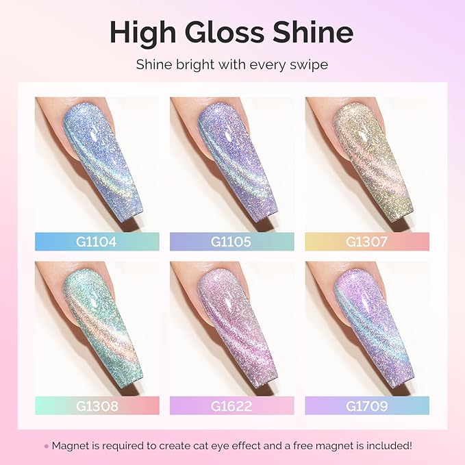 MelodySusie Glitter Cat Eye Gel Nail Polish Set 6 PCS, 15ml 0.5 Fl Oz Holographic Magnetic Nail Polish with Magnet, UV Nail Polish for Nail Art Manicure Salon DIY at Home