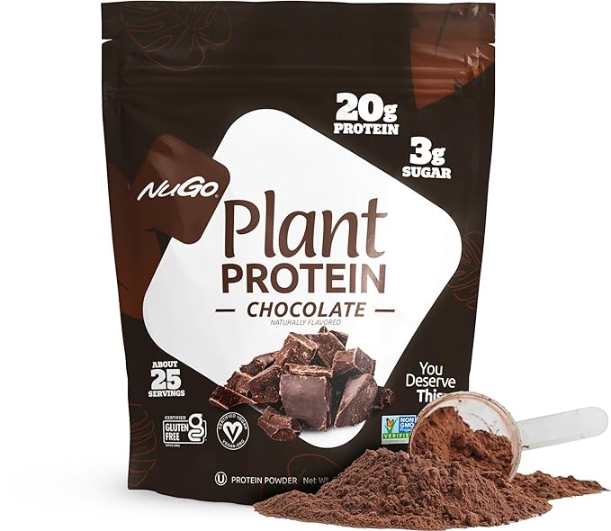 NuGo Slim Dark Chocolate Crunchy Peanut Butter, 17g Vegan Protein, 3g Sugar, 12 Count and NuGo Plant Protein Powder, 20g Protein, 3g Sugar, 25 Servings