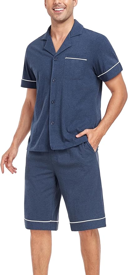 COLORFULLEAF Men's 100% Cotton Short Sleeve Pajama Sets Button Down Notched Collar Sleepwear Soft Lounge Pjs with Pockets