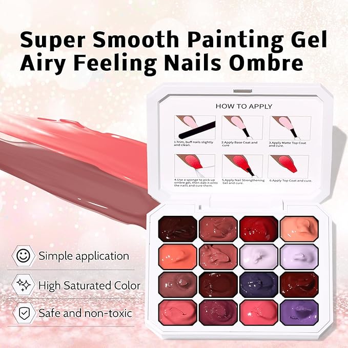 Sponge Pat Gel Nail Polish Palette, 16 Colors Blending Ombre Gel Polish Patting Gradient Painting Nails Art, No Wipe, UV/LED Cured (16 Colors F)